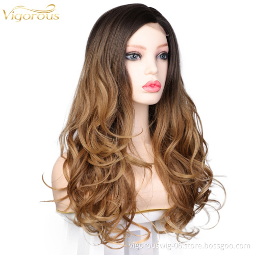 Vigorous Wholesale Price Long Ombre Black To Brown Wavy Wigs Side Part Lace Synthetic Wigs For Black Women Heat Resistant